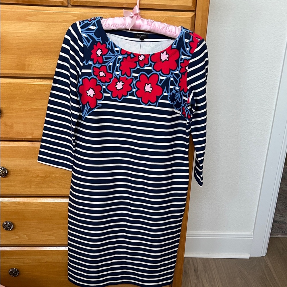 Talbots Navy & White Striped Dress with Pink Floral Accent